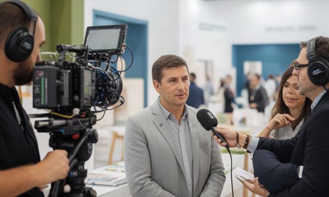 Equipo audiovisual grabando entrevistas en una feria de diseño y congresos en Ibiza