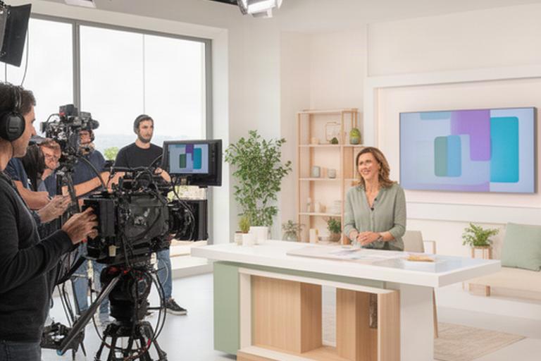 Presentadora y equipo de un magazine matinal trabajando en un plató luminoso de Baleares