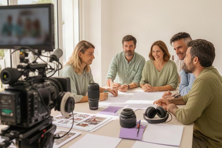 Equipo de producción reunido en una oficina luminosa de Ibiza junto a cámaras y guiones de televisión