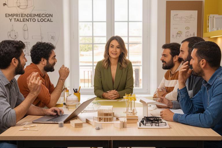 Participantes y presentadora de un formato televisivo sobre emprendimiento en un espacio de trabajo de Mallorca