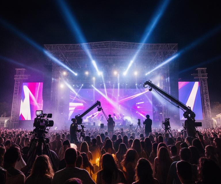 Escenario principal del Ibiza Music Festival con público nocturno, focos y varias cámaras de realización
