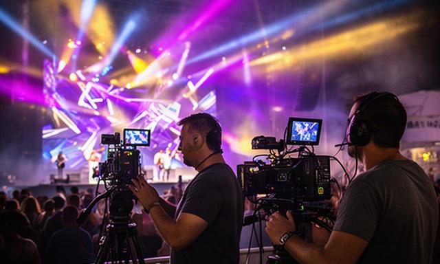 Realizador y operador de cámara trabajando junto a un escenario musical en Ibiza