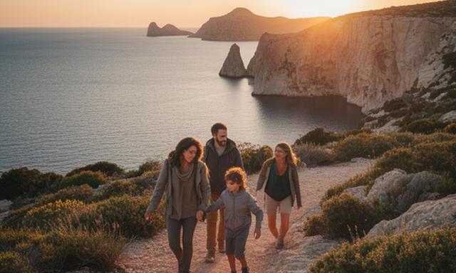 Familia recorriendo un camino costero de Baleares al atardecer