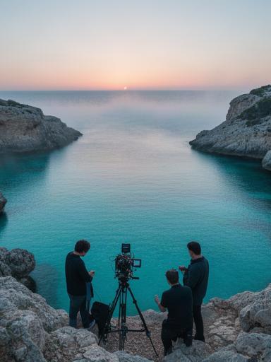 Cala de Ibiza con aguas turquesas y equipo de rodaje trabajando al amanecer