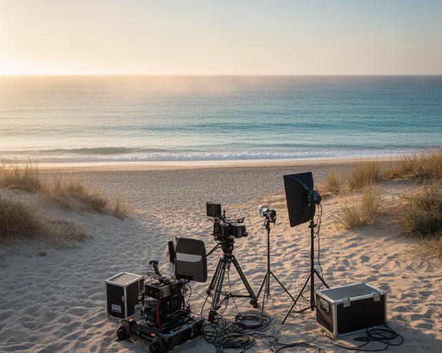 Playa de Ibiza con equipo de rodaje preparado para una escena exterior al amanecer