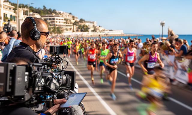 Retransmisión de una carrera deportiva en Baleares con cámara móvil, comentarista y público