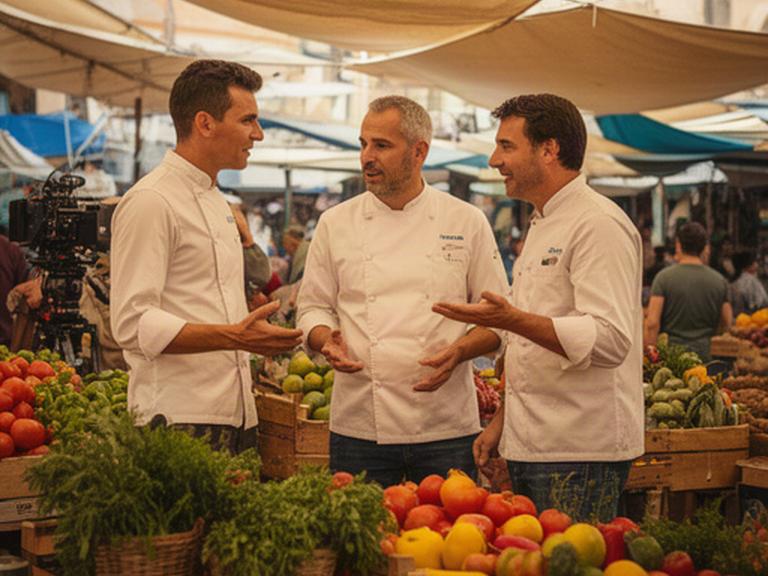 Tres chefs de Ibiza conversando en un mercado local durante la grabación de una serie gastronómica